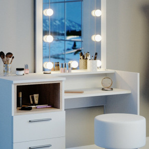 SEA361 - Set Masa toaleta, 100 cm, moderna cosmetica machiaj oglinda, masuta vanity cu sau fara LED- Alb