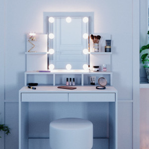 SEA371 - Set Masa alba toaleta 80 cm cosmetica machiaj, oglinda cu sau fara LED, masuta vanity