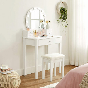 SEA374 - Set Masa toaleta, 70 cm, cosmetica machiaj, oglinda, masuta vanity cu taburet tapitat - Alb