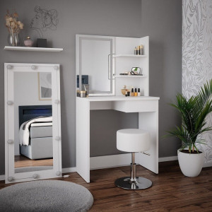 SEA410 - Set Masa alba toaleta 75 cm cosmetica machiaj, oglinda cu LED, masuta vanity