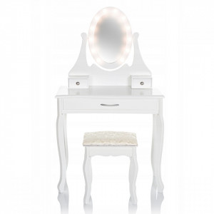 SEA519 - Set Masa alba toaleta, 75 cm, cosmetica machiaj oglinda cu LED, masuta vanity, scaunel, taburet tapitat