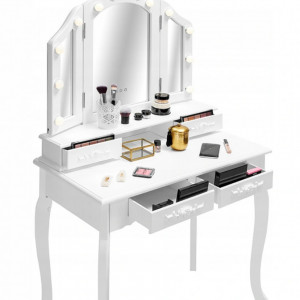 SEA536 - Set Masa alba toaleta, 80 cm, cosmetica machiaj oglinda cu LED, masuta vanity, scaunel, taburet tapitat