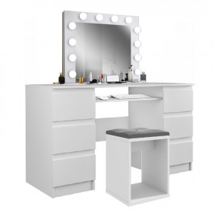 SEA540 - Set Masa toaleta, 130 cm, cosmetica machiaj, masuta vanity, oglinda cu LED-uri - Alb Lucios sau Mat