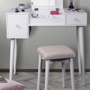 SEA605 - Set Masa toaleta, 80 cm, consola cosmetica machiaj masuta vanity make-up cu oglinda rabatabila si scaun tapitat- Alb