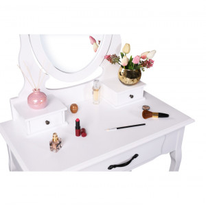 SEA607 - Set Masa toaleta, 72 cm, consola cosmetica machiaj masuta vanity make-up cu oglinda si scaun tapitat- Alb