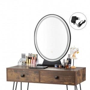 SEM11 - Set Masa toaleta, 80 cm, cosmetica machiaj oglinda cu LED, masuta makeup cu scaun tapitat - Maro-Negru