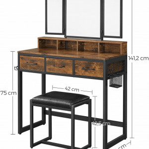 SEM222 - Set Masa toaleta, 90 cm, cosmetica machiaj cu oglinda tripla, masuta vanity - Maro stil industrial