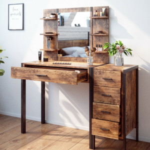 SEM227 - Set Masa toaleta, 110 cm, cosmetica machiaj oglinda cu sau fara LED, masuta vanity, cu sau fara bancuta - Maro stil industrial