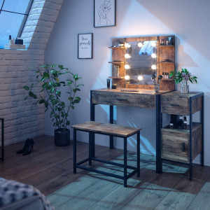 SEM228 - Set Masa toaleta, 110 cm, cosmetica machiaj oglinda cu sau fara LED, masuta vanity, cu sau fara bancuta - Maro stil industrial