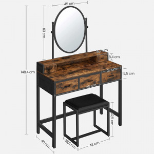 SEM231 - Set Masa toaleta, 90 cm, cosmetica machiaj cu oglinda, masuta vanity cu scaun tapitat - Maro stil industrial