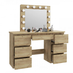 SEM508 - Set Masa toaleta, 120 cm, cosmetica machiaj, masuta vanity, oglinda cu LED-uri - Culoarea Stejar