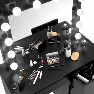 SEN505 - Set Masa toaleta cosmetica machiaj oglinda masuta vanity, oglinda cu LED-uri - Negru