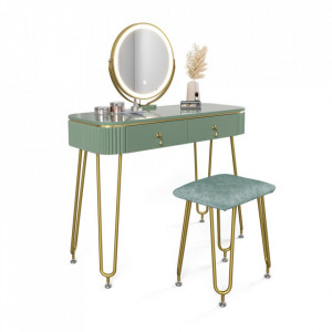 SEV202 - Set Masa toaleta, 100 cm, cosmetica machiaj, oglinda cu LED, scaunel taburet tapitat - Verde Deschis Lucios-Auriu