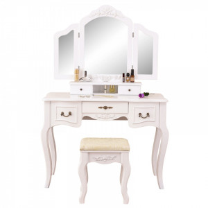 SEA205 - Set masa toaleta Alb oglinda tripla, scaun, cosmetica machiaj