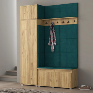CUI521 - Cuier 154x37x214 cm - 6 agatatori haine, hol, pantofar - Culoarea Stejar, tapiterie Verde/Gri/Albastru