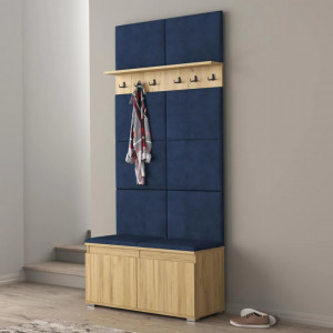 CUI527 - Cuier 100x37x214 cm - 6 agatatori haine, hol, pantofar - Culoarea Stejar, tapiterie Verde/Gri/Albastru
