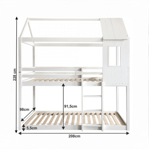 PAAC601 - Pat supraetajat casuta cu scara si bara protectie pentru 2 persoane, dormitor copii - 90 x 200 cm - Alb