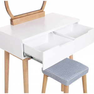 SEA221 - Set Masa toaleta, 80 cm, cosmetica machiaj oglinda masuta vanity, scaunel, taburet tapitat Alb-Maro