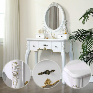 SEA273- Set Masa toaleta, 80 cm, cosmetica machiaj cu scaun tapitat, cu oglinda make-up, masuta vanity - Alba