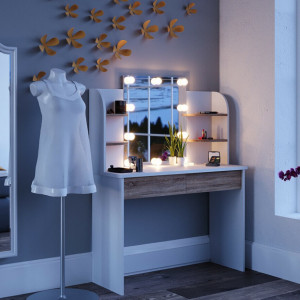 SEA275 - Set Masa toaleta cosmetica machiaj oglinda masuta vanity, oglinda cu sau fara LED - Alb-Maro