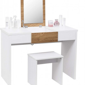 SEA291 - Set Masa toaleta, 100 cm, cosmetica machiaj, oglinda rabatabila , masuta vanity, comoda make-up, scaun - Alb-Maro