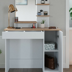SEA293 - Set Masa toaleta, 90 cm, cosmetica machiaj oglinda cu sau fara LED, masuta vanity, cu sau fara scaunel - Alb-Maro