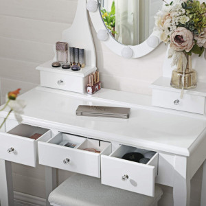 SEA343 - Set Masa toaleta cosmetica 80 cm machiaj masuta vanity, oglinda make-up cu LED, cosmetica cu scaun tapitat - Alb