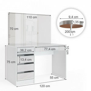 SEA352 - Set Masa toaleta, 120 cm, masuta vanity cu incarcare Qi, moderna cosmetica machiaj oglinda cu sau fara LED, cu sau fara scaun- Alb Lucios