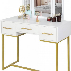 SEA368 - Set Masa toaleta, 90 cm, cosmetica machiaj, oglinda, masuta vanity - Alb-Auriu