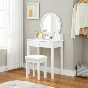 SEA374 - Set Masa toaleta, 70 cm, cosmetica machiaj, oglinda, masuta vanity cu taburet tapitat - Alb