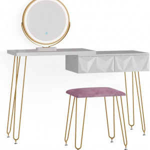 SEA391 - Set Masa toaleta, 120 cm, cosmetica machiaj, oglinda cu LED, masuta vanity, scaun tapitat - Alb-Auriu