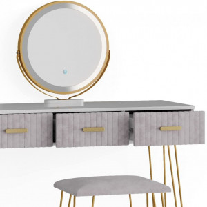 SEA395 - Set Masa toaleta, 100 cm, cosmetica machiaj, oglinda cu LED, masuta vanity, scaun tapitat - Alb-Auriu-Gri