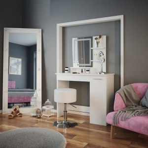 SEA399 - Set Masa alba toaleta 90 cm cosmetica machiaj, oglinda cu LED, masuta vanity