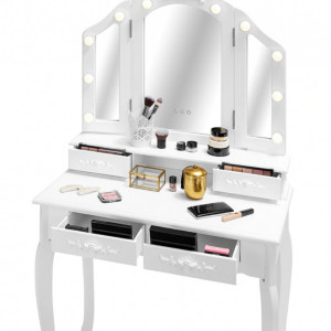 SEA536 - Set Masa alba toaleta, 80 cm, cosmetica machiaj oglinda cu LED, masuta vanity, scaunel, taburet tapitat