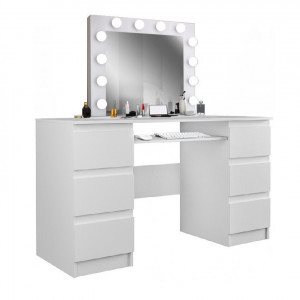 SEA540 - Set Masa toaleta, 130 cm, cosmetica machiaj, masuta vanity, oglinda cu LED-uri - Alb Lucios sau Mat