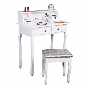 SEA601 - Set Masa toaleta, 80 cm, consola cosmetica machiaj masuta vanity make-up cu raft si scaun tapitat pentru hol - Alb
