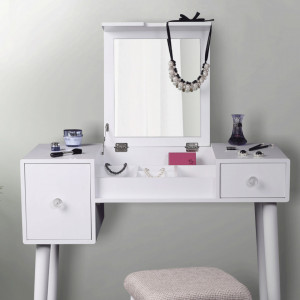 SEA605 - Set Masa toaleta, 80 cm, consola cosmetica machiaj masuta vanity make-up cu oglinda rabatabila si scaun tapitat- Alb