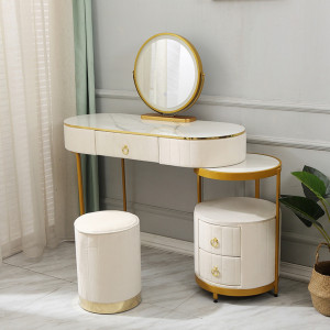 SEA79 - Set Masa toaleta, 100 cm, cosmetica, masa machiaj cu oglinda LED si scaun, masuta vanity - Alb-Auriu
