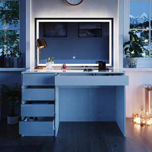 SEA902 - Set Masa toaleta, 120 cm, moderna cosmetica machiaj oglinda cu LED, masuta vanity - Alb Lucios