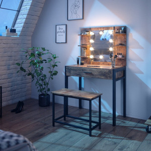 SEM226 - Set Masa toaleta, 80 cm, cosmetica machiaj oglinda cu sau fara LED, masuta vanity, cu sau fara bancuta - Maro stil industrial
