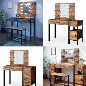 SEM227 - Set Masa toaleta, 110 cm, cosmetica machiaj oglinda cu sau fara LED, masuta vanity, cu sau fara bancuta - Maro stil industrial