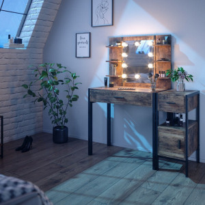 SEM228 - Set Masa toaleta, 110 cm, cosmetica machiaj oglinda cu sau fara LED, masuta vanity, cu sau fara bancuta - Maro stil industrial