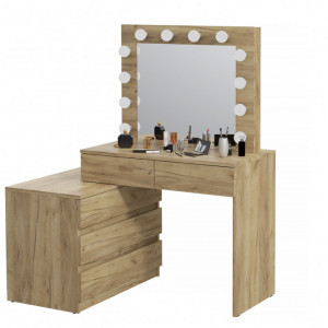 SEM512 - Set Masa toaleta, 130 cm, cosmetica machiaj oglinda masuta vanity, oglinda cu LED-uri cu sau fara scaun - culoarea Stejar