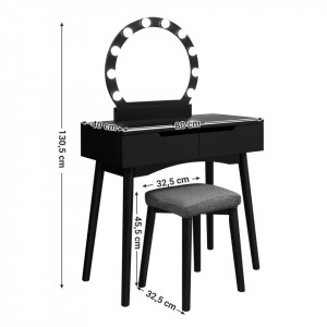 SEN122 - Set Masa neagra toaleta cosmetica machiaj oglinda masuta vanity, scaunel, taburet tapitat