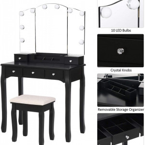 SEN233 - Set Masa Neagra toaleta cosmetica machiaj oglinda cu LED, scaunel taburet tapitat