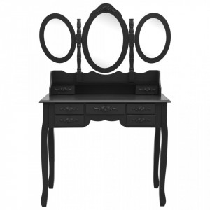 SEN701 - Set Masa toaleta, 90 cm, cosmetica machiaj cu oglinda, masuta vanity, scaun tapitat - Neagra