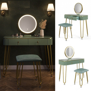 SEV202 - Set Masa toaleta, 100 cm, cosmetica machiaj, oglinda cu LED, scaunel taburet tapitat - Verde Deschis Lucios-Auriu