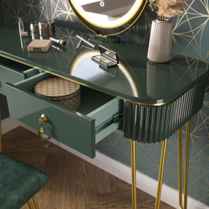 SEV203 - Set Masa toaleta, 100 cm, cosmetica machiaj, oglinda cu LED, scaunel taburet tapitat - Verde Inchis Lucios-Auriu