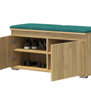 BAM507 - Banca 100x37x51 cm, Pantofar pentru Hol, pantofi, depozitare - Culoarea Stejar cu tapiterie Gri/Albastru/Verde