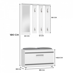 CUI501 - Cuier 85 cm, 6 agatatori haine, hol, lada pantofi, pantofar cu oglinda - Alb, culoarea Stejar